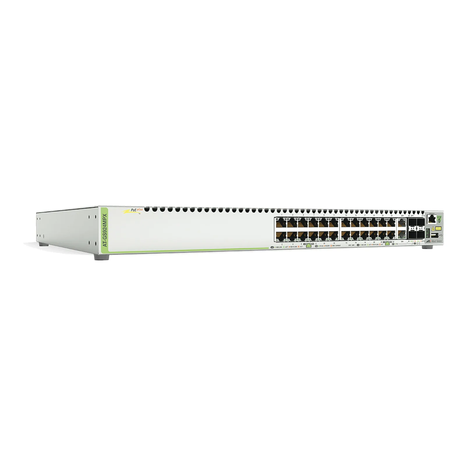 Switch PoE+ Stackeable Capa 3, 24 puertos 10/100/1000 Mbps + 2 puertos SFP Combo + 2 puertos SFP+ 10 G Stacking, 370 W