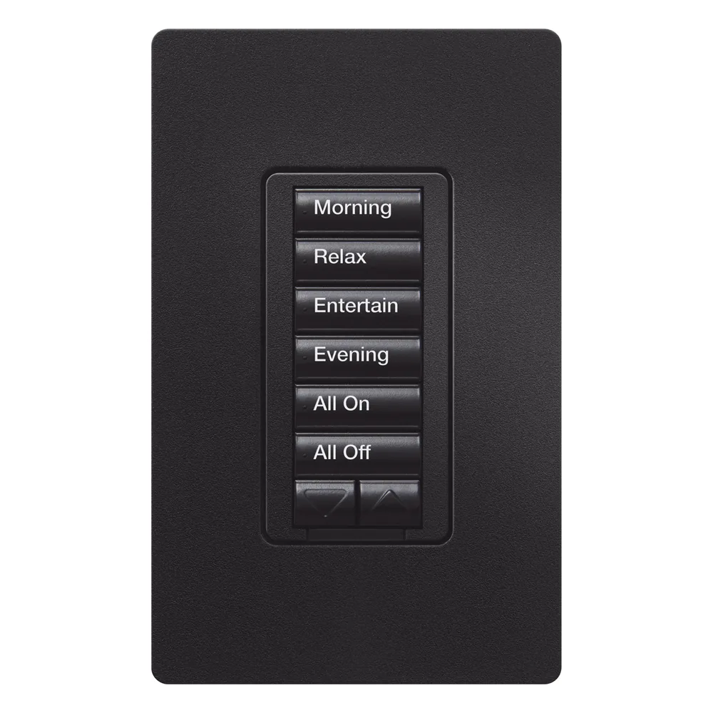 Teclado de pared seeTouch de 6 botones más subir y bajar, retroiluminado, para control de luces y cortinas por escenas en sistemas RadioRA 2, color negro