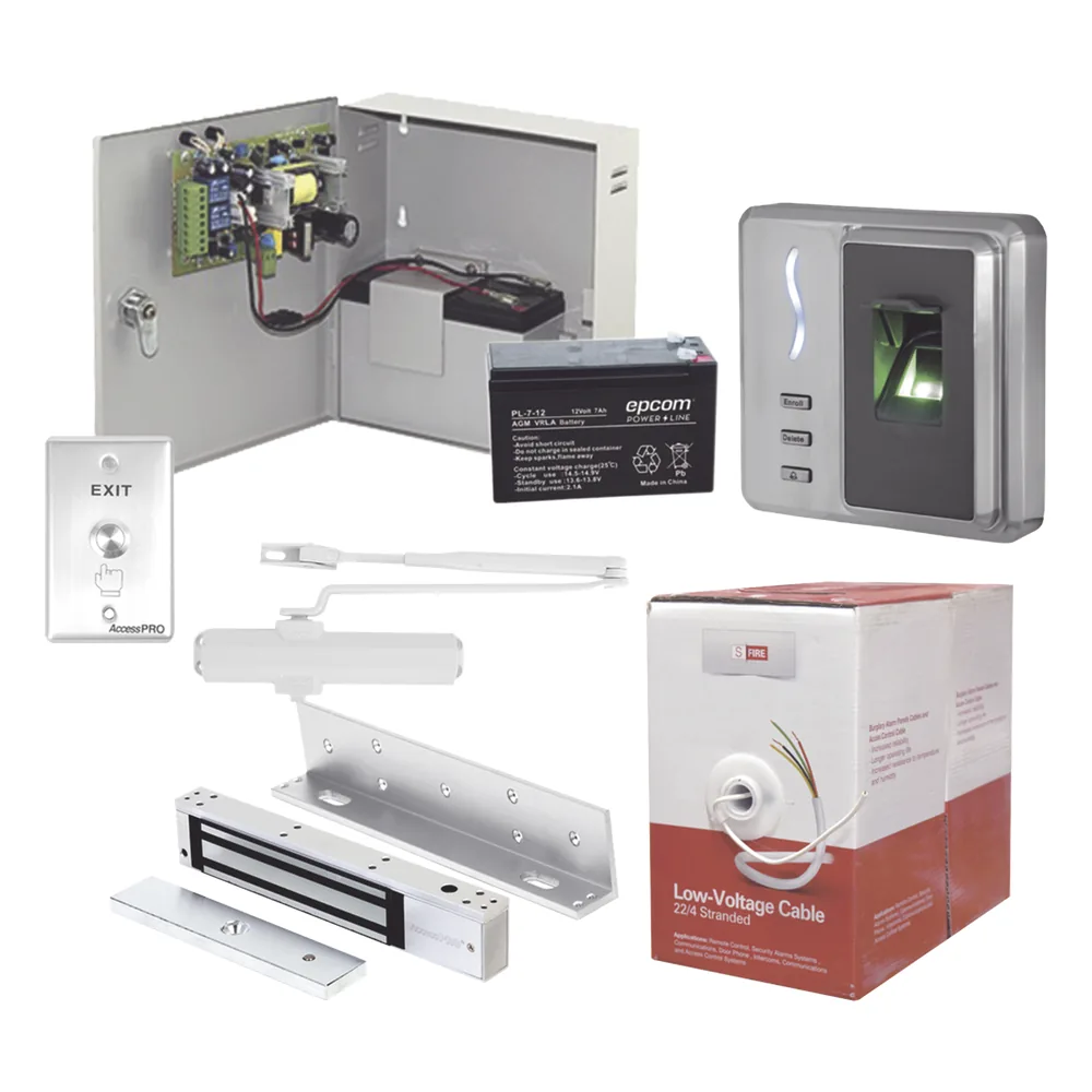 Sistema Completo de Acceso, Incluye Lector Biometrico, Chapa magnética con bracket, Cierra puerta, Botón de Salida, Cable " Gratis ", y fuente profesional con Batería