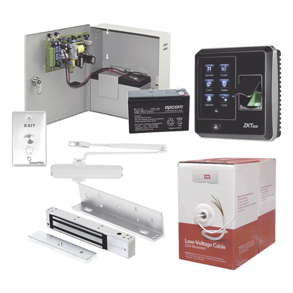 Sistema Completo de Acceso, Incluye Lector Biometrico SF300, Chapa magnética con bracket, Cierra puerta, Botón de Salida, Cable " Gratis ", y fuente profesional con Batería
