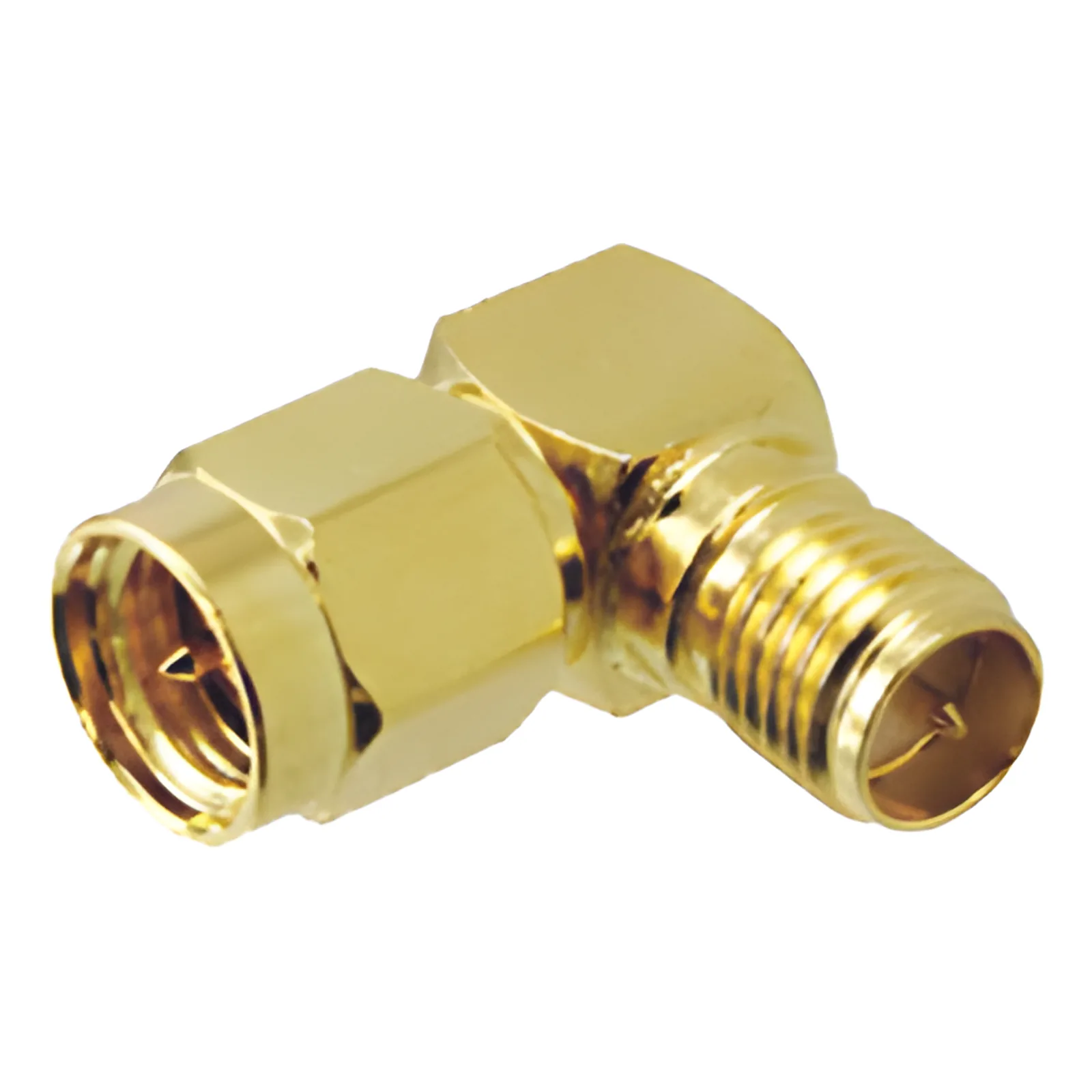 Adaptador en Ángulo Recto, de Conector SMA Macho a SMA Hembra Inverso, Oro/ Oro/ Teflón.