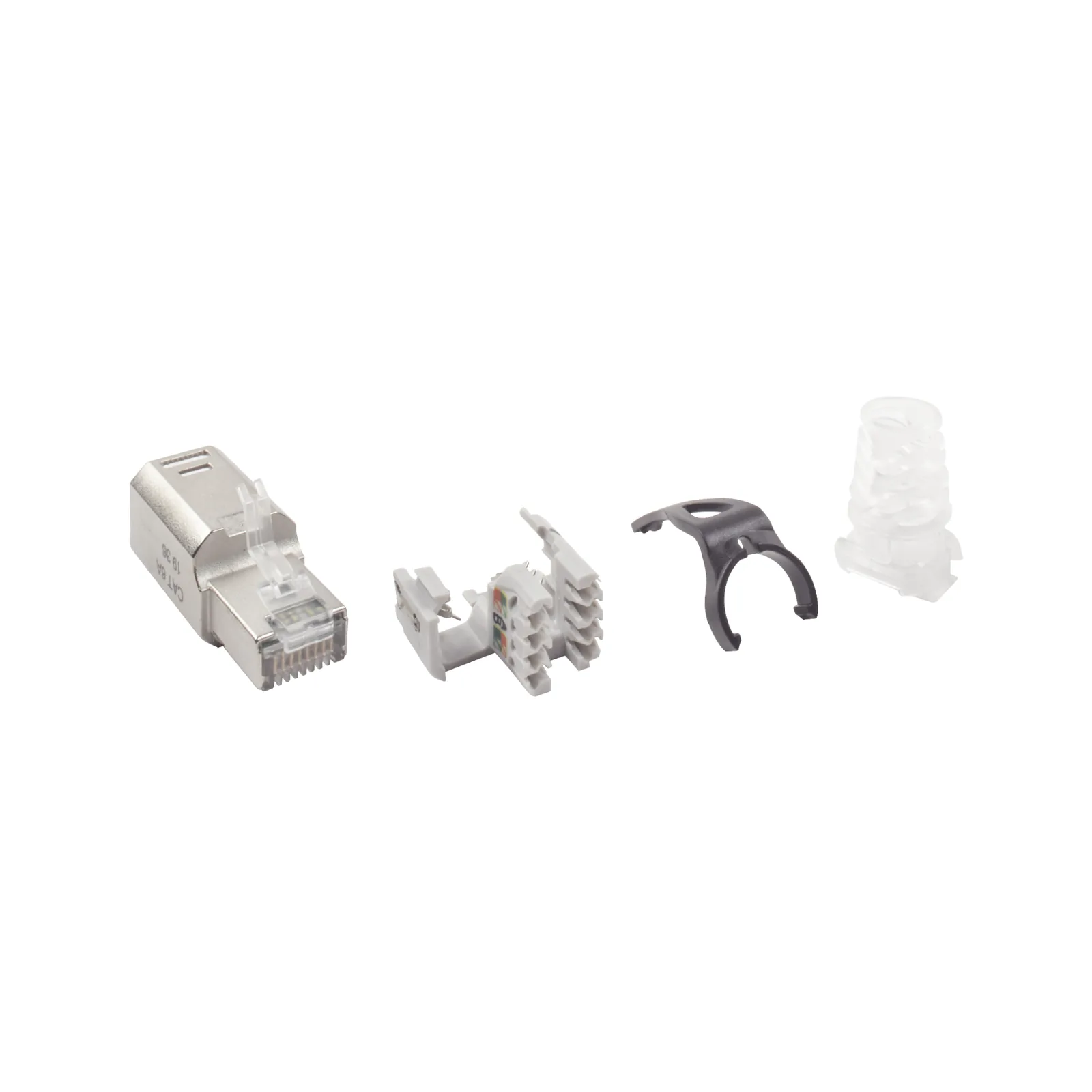 Plug RJ45 Cat6A Blindado, Terminación en Campo, Compatible con Todas las Categorías, con Clip Protector de Seguro