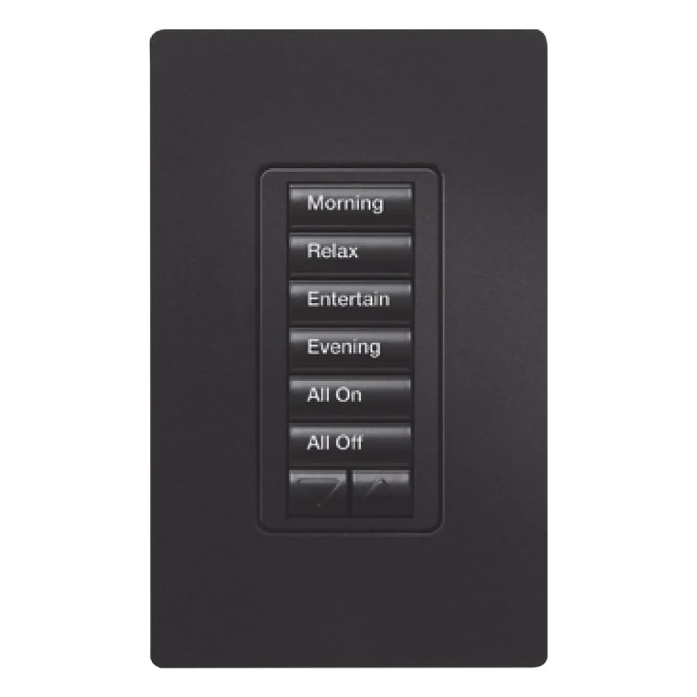 Teclado de pared seeTouch de 6 botones con subir/bajar, retroiluminado y con grabado personalizable, para sistema RadioRA 2, color Midnight