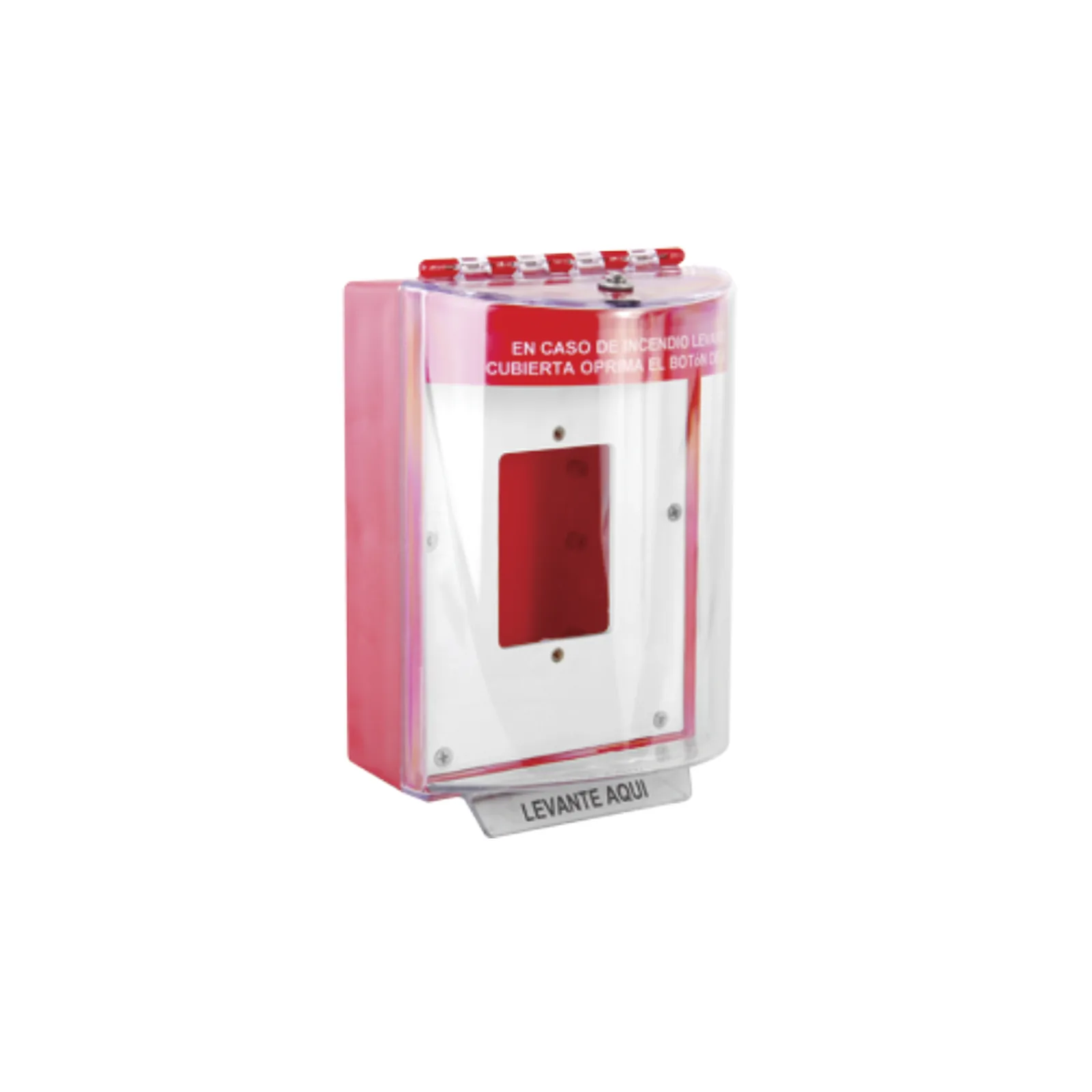 Cubierta Universal De Policarbonato Con Espaciador y Placa De Montaje Interna, Texto De Incendio En Español, Interior/Exterior, Serie Universal Stopper®