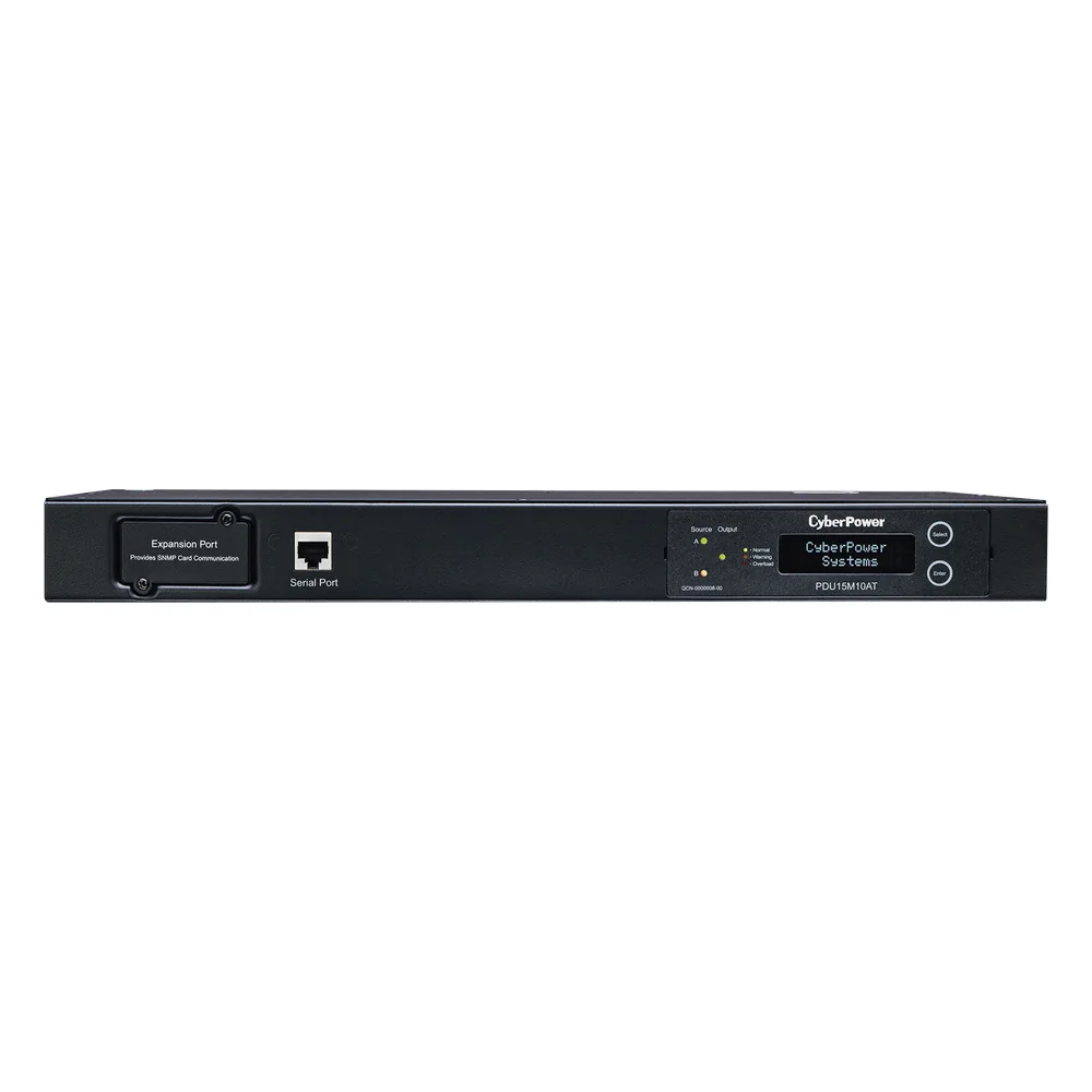 PDU ATS (Fuente Redundante Auto-transferible) Medible, Para Distribución de Energía, 2 Entradas 120 Vca NEMA5-15P, Con 10 Salidas NEMA 5-15R, Horizontal 19in, 1UR
