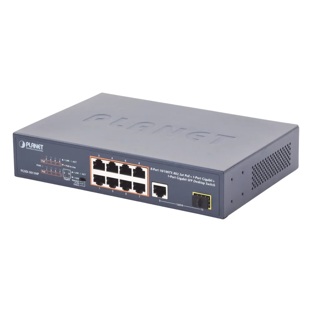 Switch no Administrable 8 puertos 10/100 PoE 802.3af/at 135W, 1 puerto Uplink 10/100/1000 y 1 SFP 100/1000 para escritorio