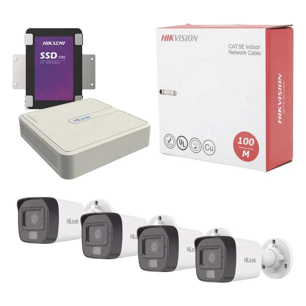 Kit IP 4 Megapixel / NVR de 4 Canales / 4 Cámaras IP Dual light y Microfono Integrado / Bobina de Cable de 100 mts / Disco Duro 1 TB