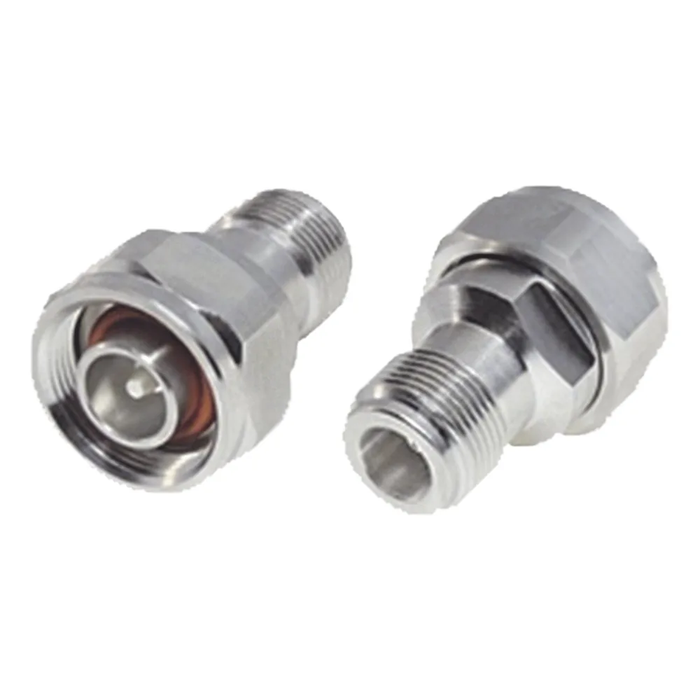 Adaptador en Línea, de N Hembra a (Mini) DIN 4.1-9.5 Macho, PIM -155 dBc, Bronce Blanco/ Plata/ Teflón.