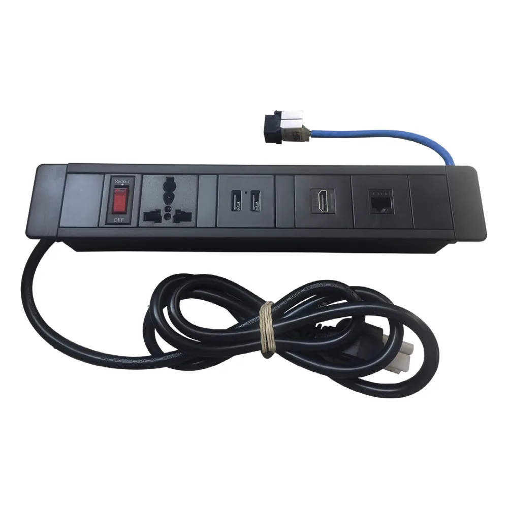 Hub para escritorio color negro, con 1 Puerto HDMI Hembra-Hembra, 1 Conector RJ45 Cat6, 2 Puertos USB 5V DC /2 A, y 1 Contacto eléctrico universal (11100-00001)