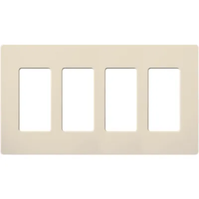 Placa de pared Claro de 4 espacios con apertura estilo Designer e instalación sin tornillos, color almendra claro, para atenuadores y controles Lutron