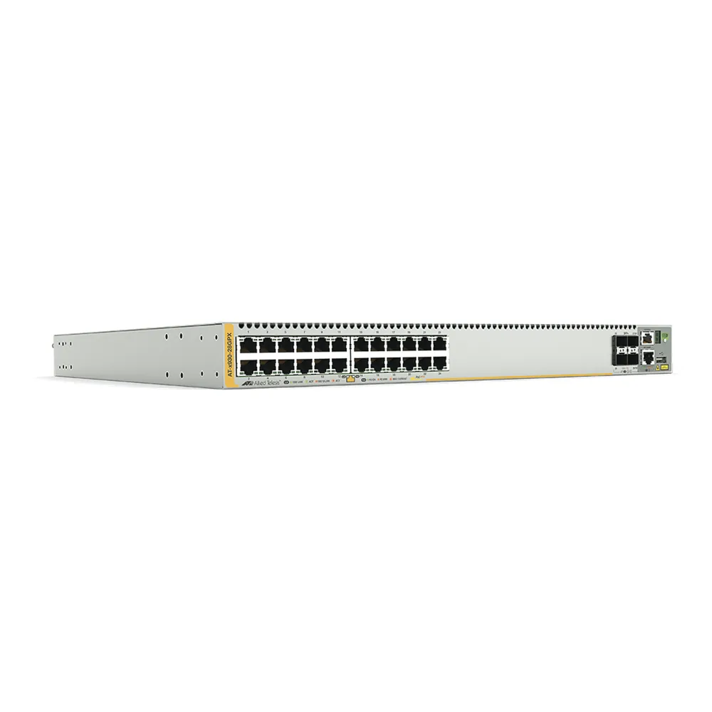 Switch PoE+ Stackeable Capa 3, 24 puertos 10/100/1000 Mbps + 4 puertos SFP+ 10 G y dos bahías hotswap PSU, Versión Federal