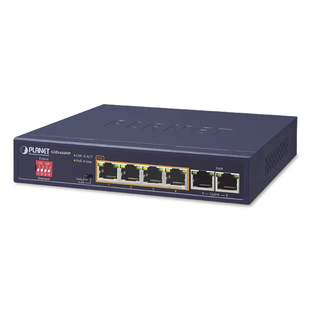 Switch No Administrable 4 Puertos 10/100/1000T 802.3at PoE + 2 Puertos 10/100/1000T de Uplink para Escritorio