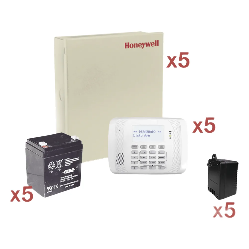 Kit de 5 paneles de alarma cableados de 8 zonas con teclado inalámbrico, batería y transformador, para instaladores