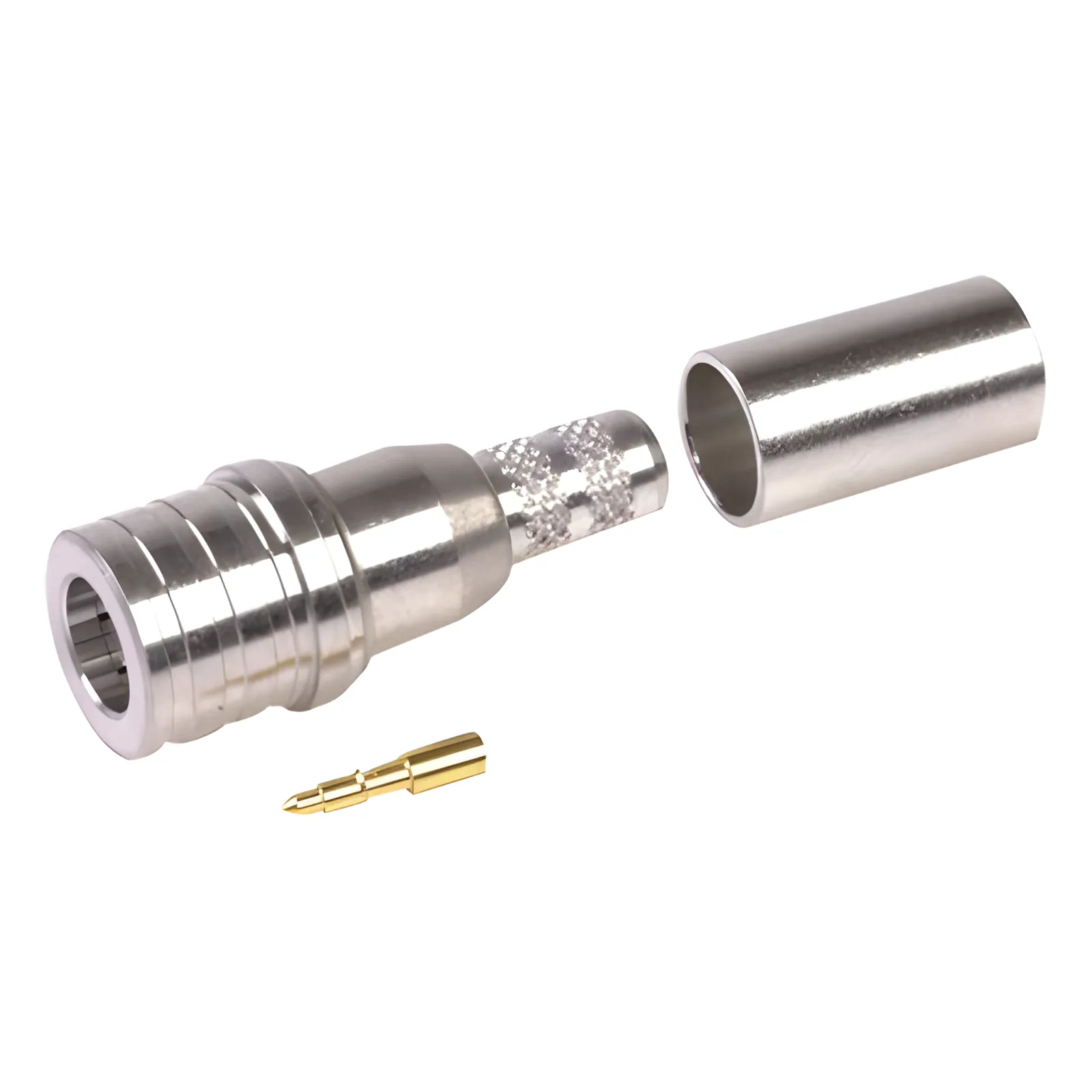 Conector QMA (Quick Mate) Macho, Anillo Plegable en RG-58/U, LMR-195, Bronce Blanco/Oro/Teflón.