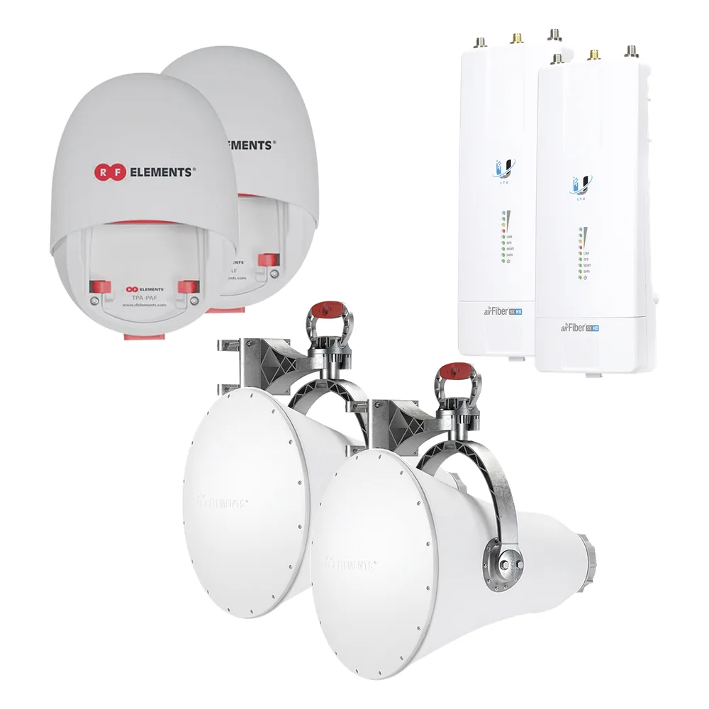 Enlace completo para Backhaul en 5 GHz hasta 1 Gbps con radios AF5XHD de Ubiquiti y Ultra Horn, ultra rechazo al ruido para enlaces largos, sin perdidas