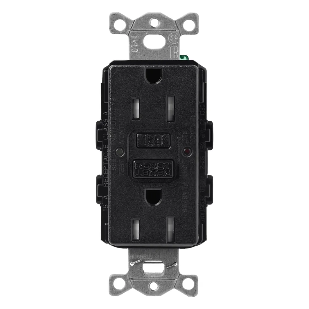 Tomacorriente dúplex GFCI autocomprobante de 15 A 125 V resistente a manipulaciones, color Midnight satinado, para placas de apertura tipo designer Claro y Satin Colors