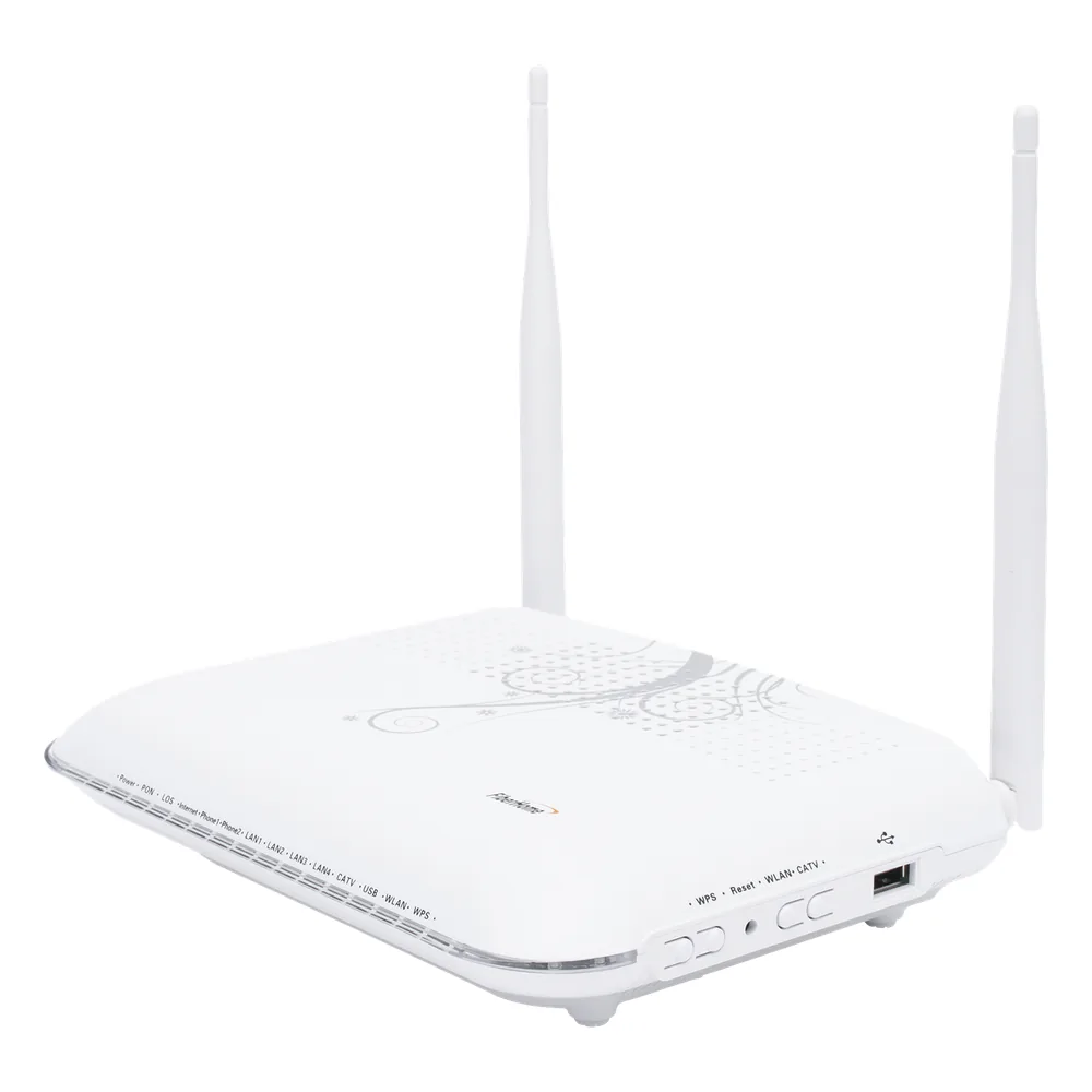 ONU GPON con 4 puertos Gigabit Ethernet + 2 POTS + 1 USB + 1 CATV (RF) + WiFi 2.4 GHz, conector SC/APC