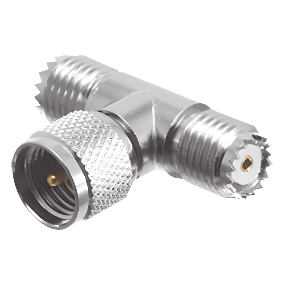 Adaptador en T de Conector Mini-UHF Macho a Doble Mini-UHF Hembra, Níquel/ Plata/ Teflón.