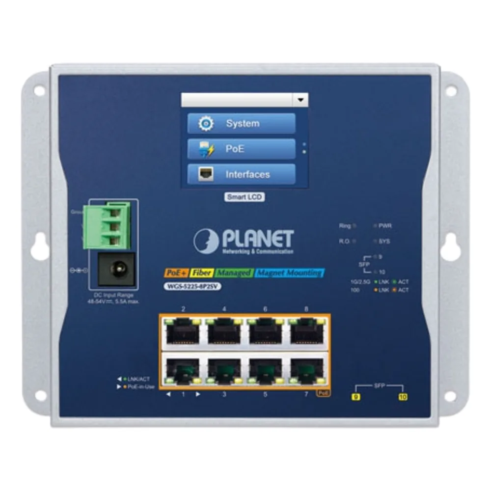 Switch Industrial Flat-Type 8 Puertos Gigabit C/PoE 802.3at, 2 Puertos SFP, LCD