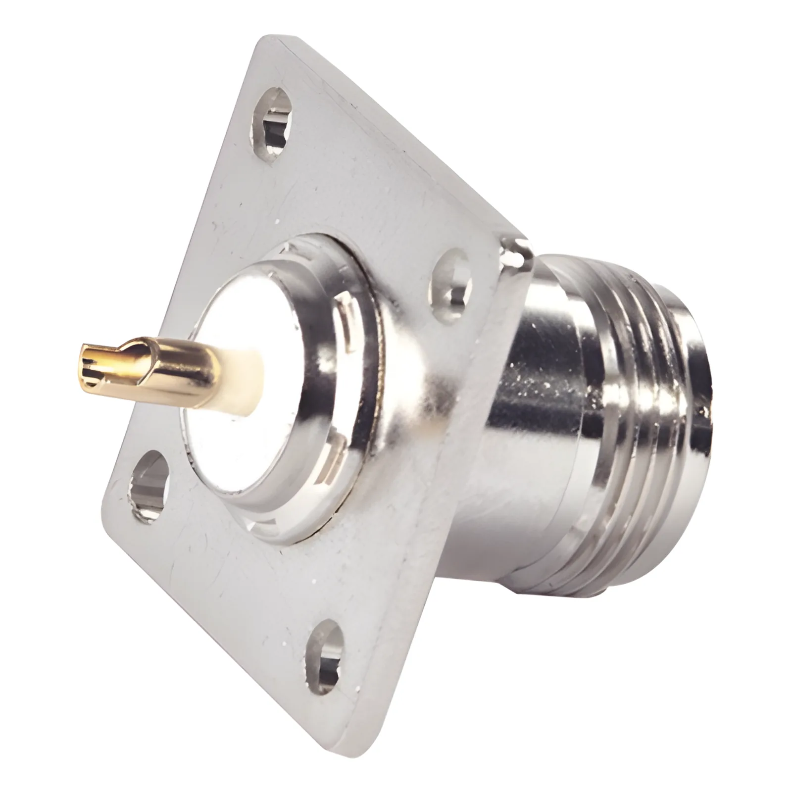 Conector N Hembra para Montaje en Panel, 4 perforaciones a 18 mm, PIN Largo, Plata/ Oro/ Teflón.