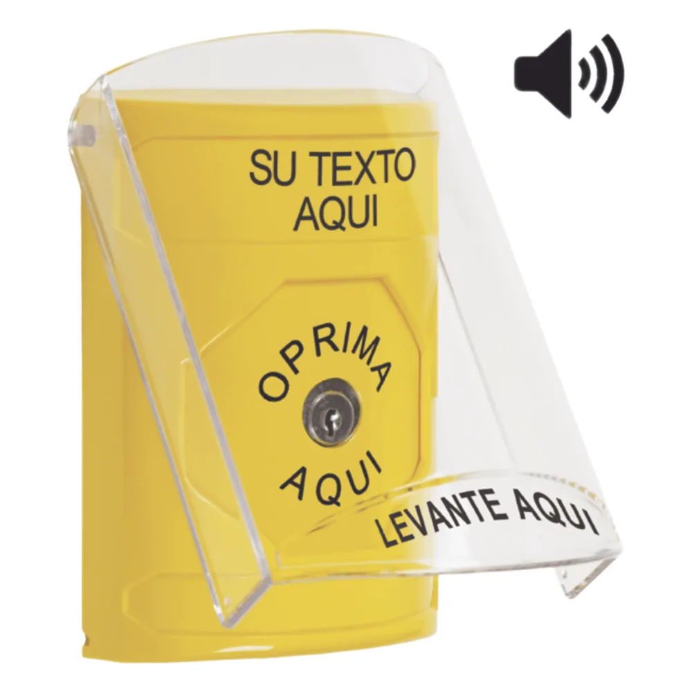 Botón con Texto Personalizado, Tapa Protectora de Policarbonato Súper Resistente, Bocina integrada, Llave para Restablecer