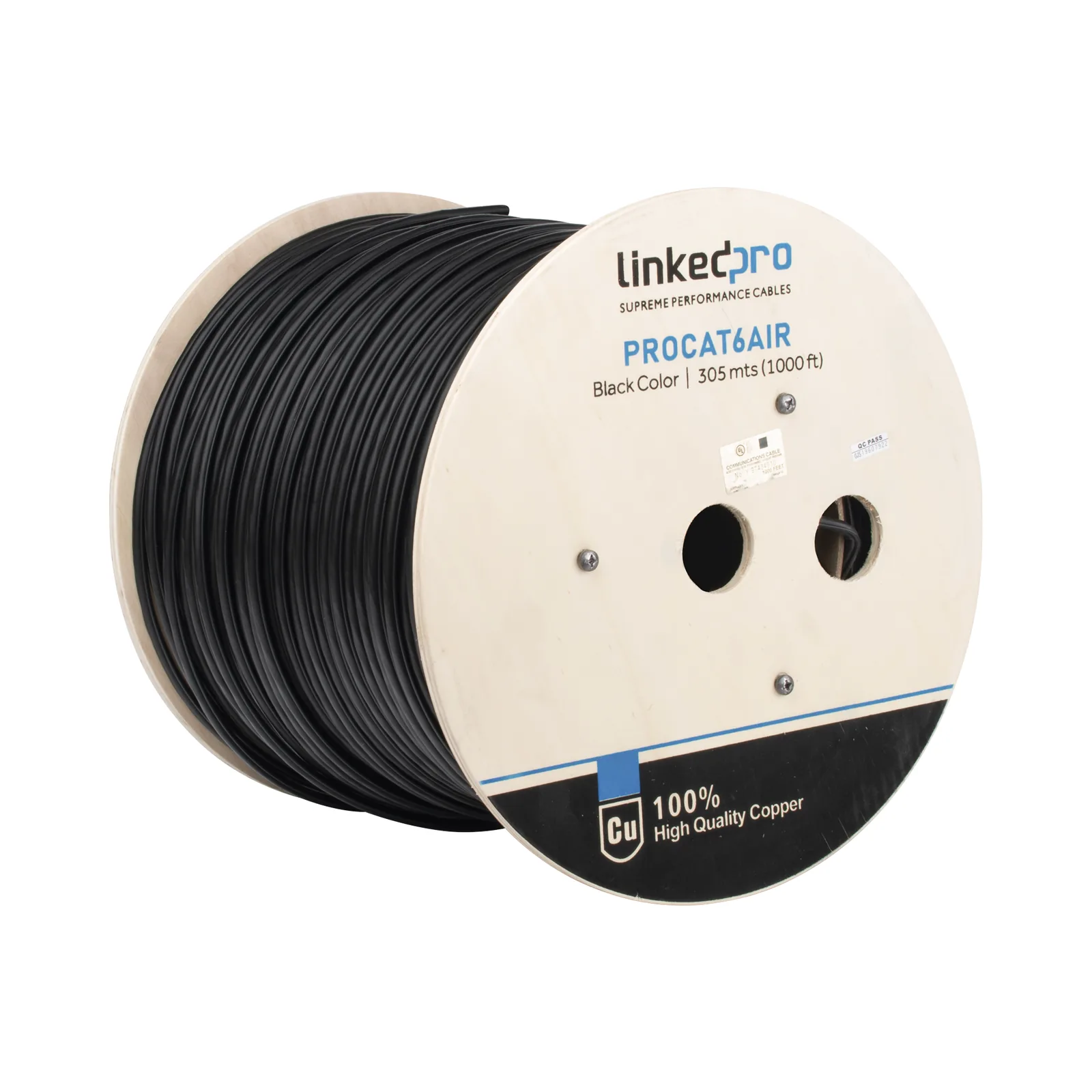 Bobina de Cable FTP con Mensajero de Acero de 305 Metros (1000 Pies) Cat6+ Calibre 23, Color Negro, para Aplicaciones en Video Vigilancia y Redes de Datos / Uso en Intemperie y Aplicaciones Aéreas