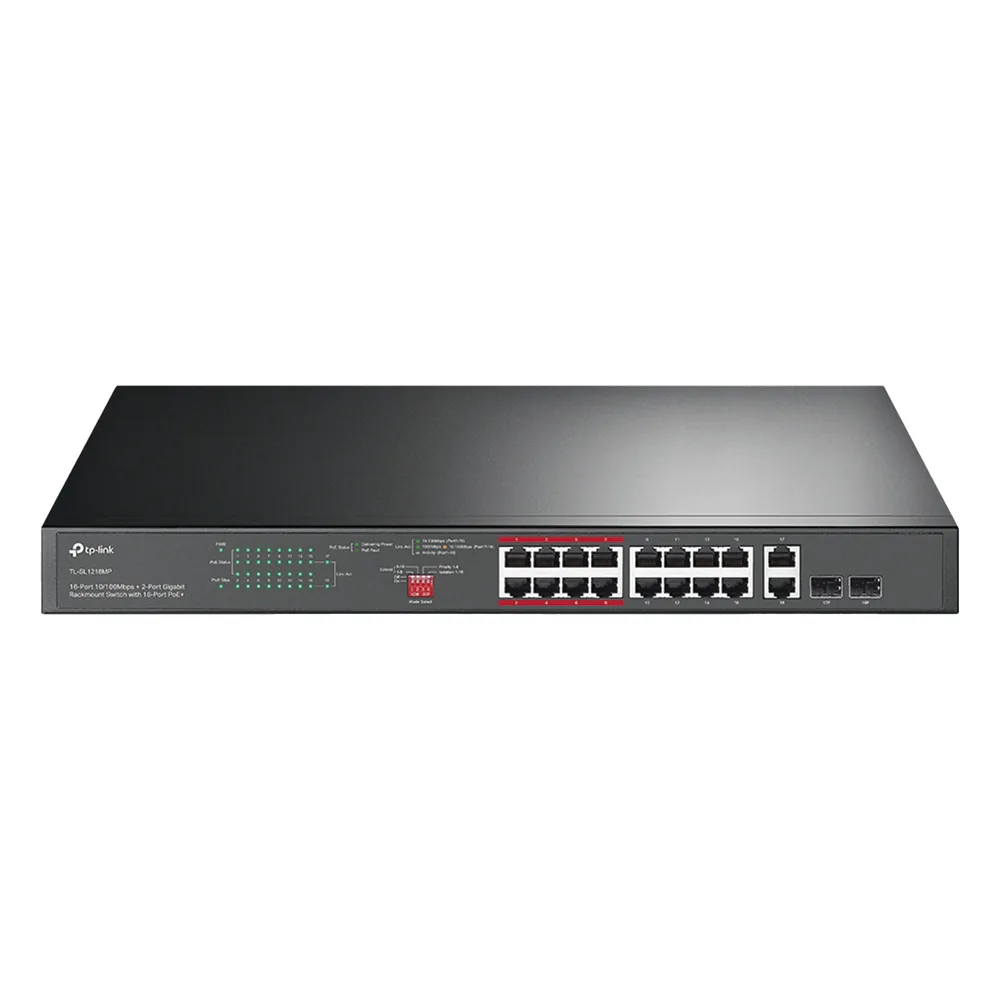 Switch PoE+ No Administrable de 16 puertos 10/100 Mbps / 2 puertos 10/100/1000 Mbps en Combo con 2 Puertos SFP / Presuuesto PoE 250 W / Extensor PoE de hasta 250 metros