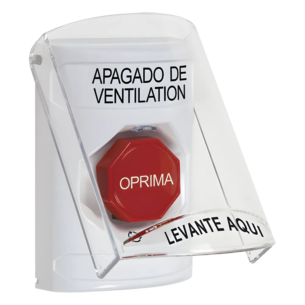 Botón de Apagado de Ventilación, Texto en Español, Tapa Protectora de Policarbonato Súper Resistente, Girar para restablecer