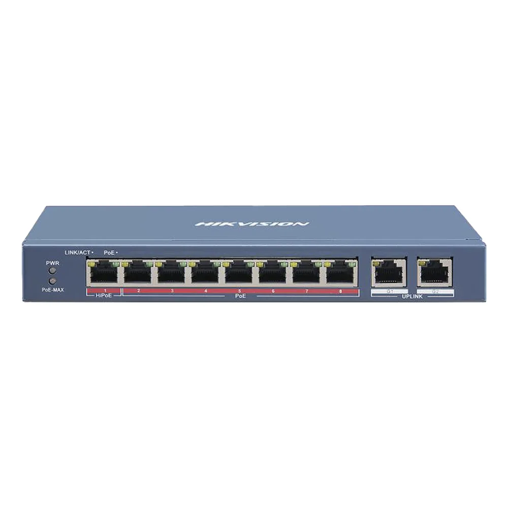 Switch PoE+ / No Administrable / 7 Puertos 10/100 Mbps 802.3 af/at (30 W) / 1 Puerto 10/100 Mbps Hi-PoE (90 W) / 2 Puertos 1000 Mbps Uplink / Modo Extendido hasta 300 Metros / 110 Watts