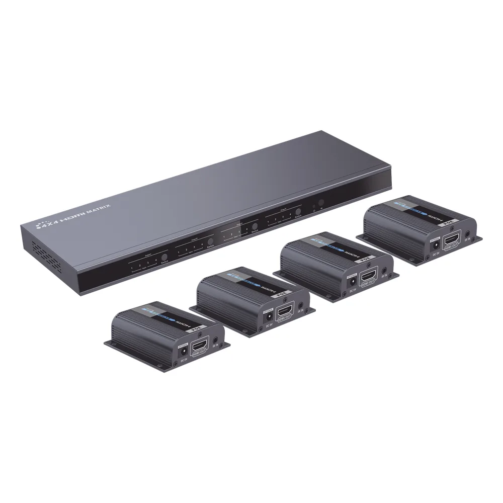 MATRICIAL Y EXTENSOR DE VIDEO HDMI 4 x 4 / 4 Entradas HDMI / 4 Salidas HDMI Loop / 4 Salidas RJ45 para Extender la señal 40 metros por salida / 1080 @ 60Hz / Conmutación por RS232, Control Remoto o Ethernet.
