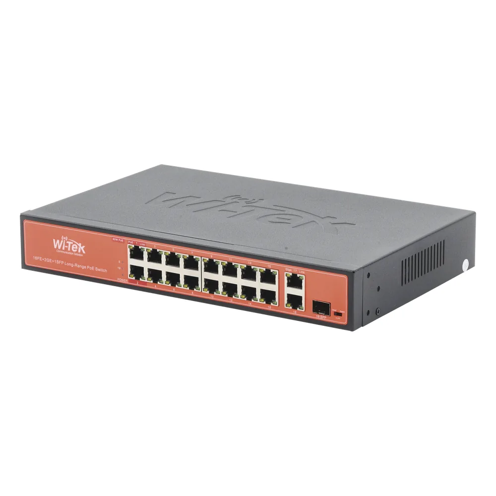 Switch PoE (802.3af/at/bt) / No administrable de largo alcance / Hasta 250m / 16 x 10/100Mbps (PoE) + 2 x 100/1000Mbps + 1 x SFP / 200 W