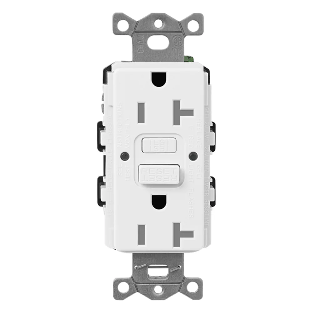 Receptáculo dúplex GFCI autocomprobante de 15 A y 125 V, resistente a manipulaciones, con LED indicador de estado, acabado satinado color Snow