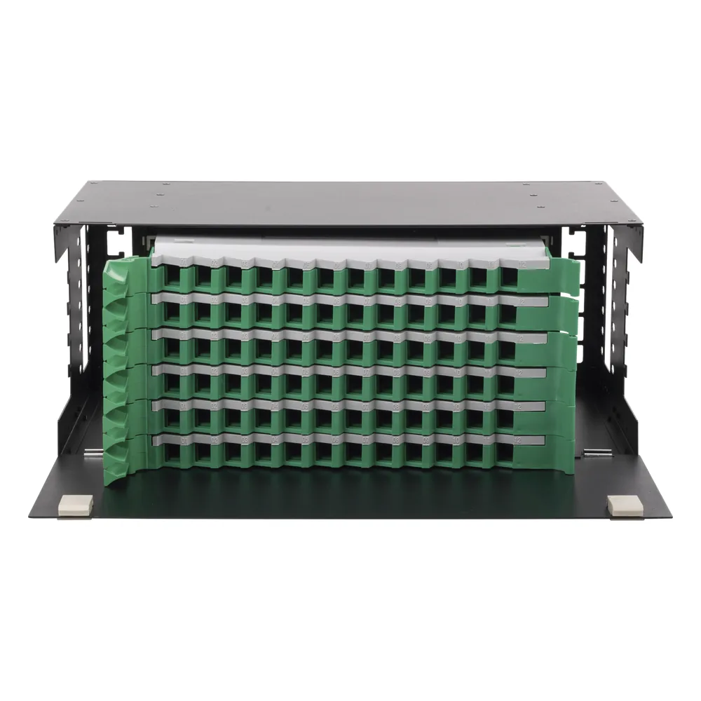 Distribuidor de Fibra Óptica con Bandejas Deslizables, Vacío, 19 Pulgadas, Acepta 72 Adaptadores LC Duplex o LC Simplex o 72 SC Simplex, 4U