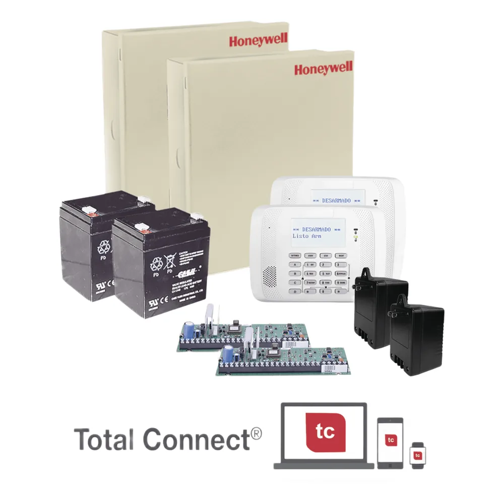 Kit con 2 paneles de alarma híbridos VISTA-48LA con teclado alfanumérico, receptor inalámbrico, batería y transformador