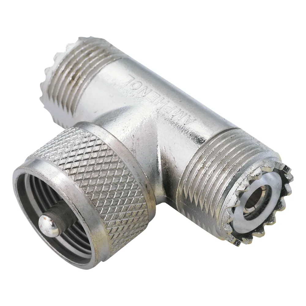 Adaptador en "T" AMPHENOL, de UHF Macho (PL-259) a Doble UHF Hembra (SO-239) para WP-629, WP-639, WP-641.