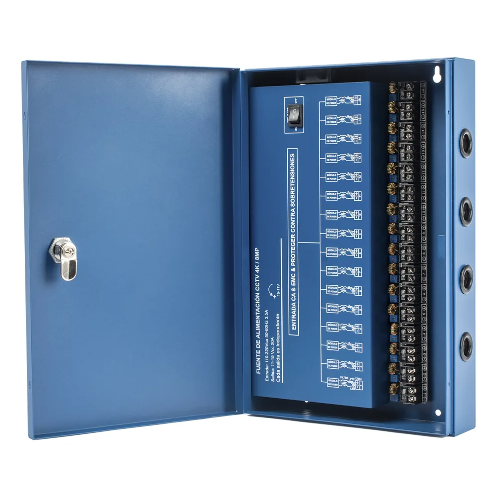 Fuente de Poder Profesional HEAVY DUTY @ 20 Amperes / Compatible con cámaras 4K / 16 Canales / Hasta 1.25A por Salida / Ajuste Independiente de 11 a 15 Vcc por Salida / Protección Contra Sobrecargas / Filtro de Ruido Especial para Cám