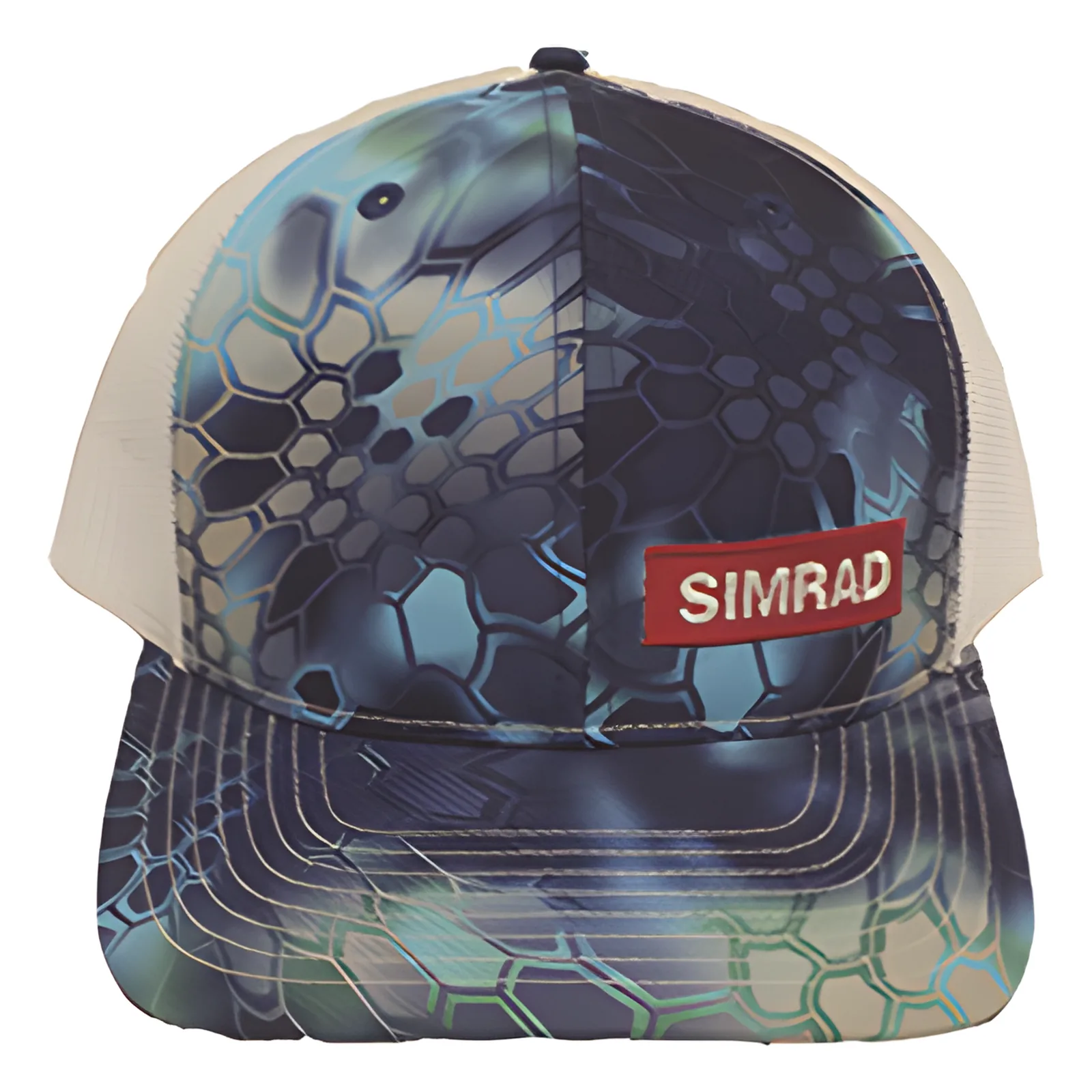 Gorra color azul y blanco con logo simrad