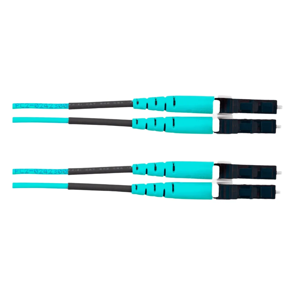 Jumper de Fibra Óptica Multimodo 50/125 OM4, LC-LC Duplex, OFNR (Riser), Color Aqua, 40 Metros (131.23 Pies)