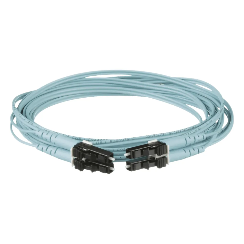 Jumper de Fibra Optica Multimodo 50/125 OM3, LC-LC Duplex, OFNR (Riser), Color Aqua, 4 Metros (13.12 Pies)