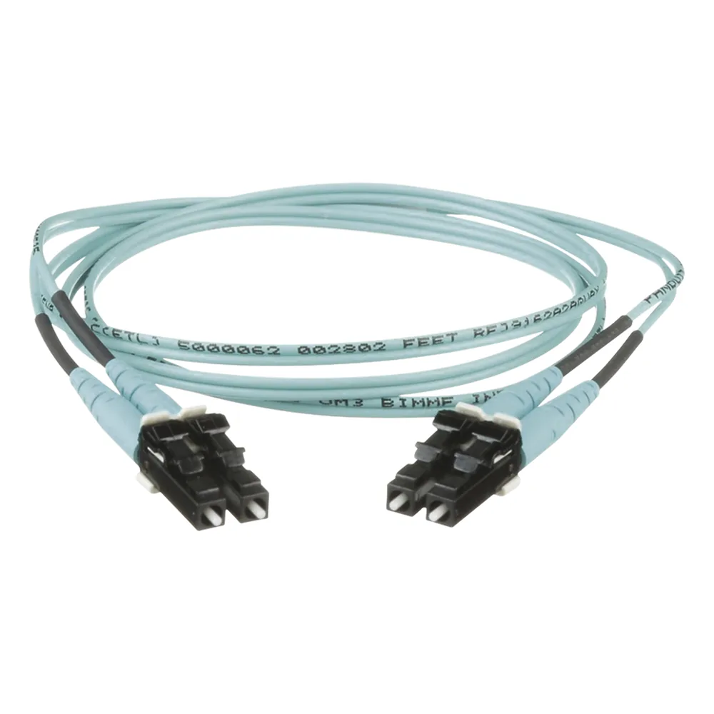 Jumper de Fibra Optica Multimodo 50/125 OM3, LC-LC Duplex, OFNR (Riser), Color Aqua, 8 Metros (26.25 Pies)