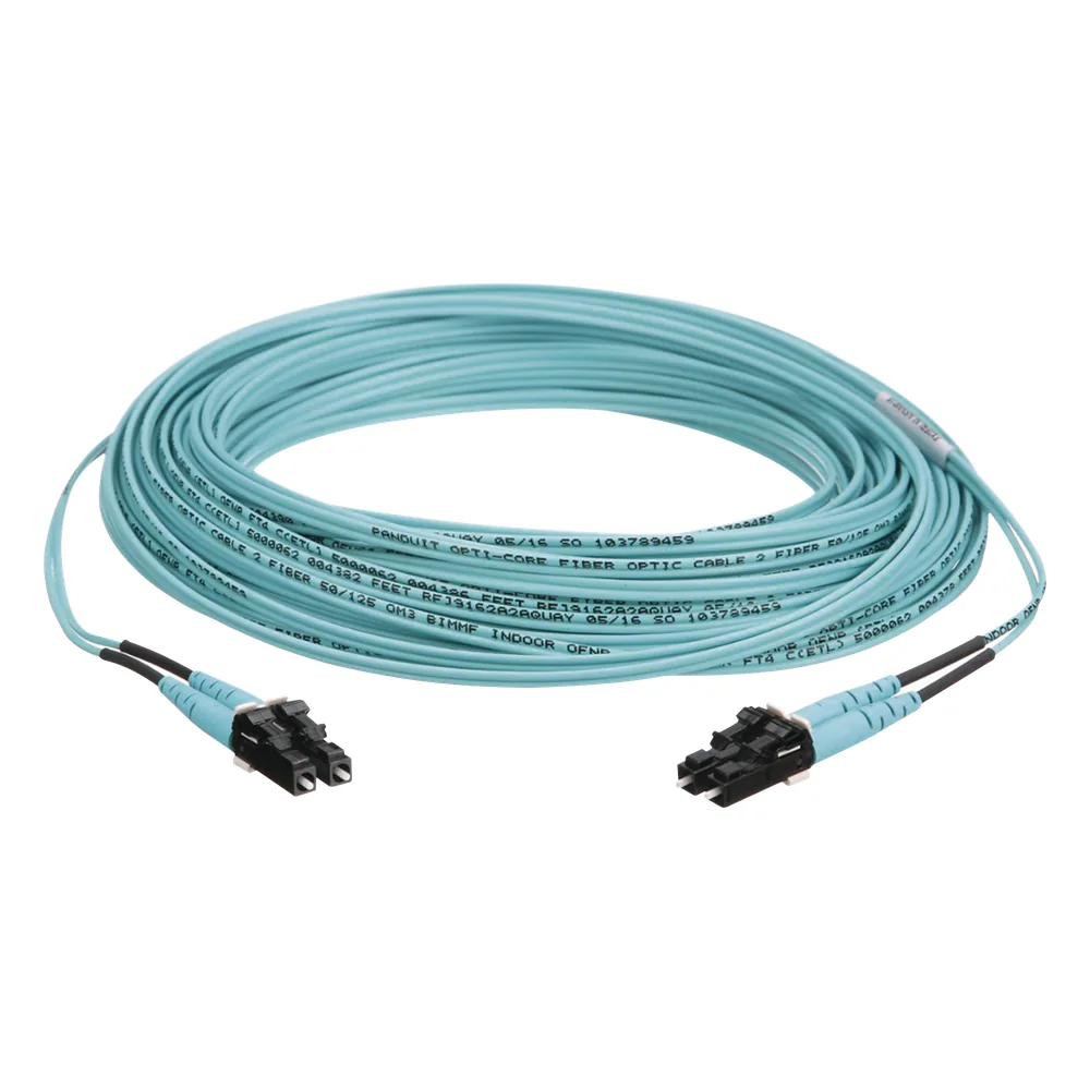 Jumper de Fibra Optica Multimodo 50/125 OM3, LC-LC Duplex, OFNR (Riser), Color Aqua, 30 Metros (98.43 Pies)