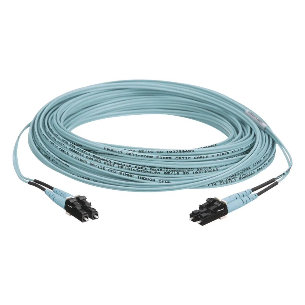 Jumper de Fibra Optica Multimodo 50/125 OM3, LC-LC Duplex, OFNR (Riser), Color Aqua, 50 Metros (164.04 Pies)