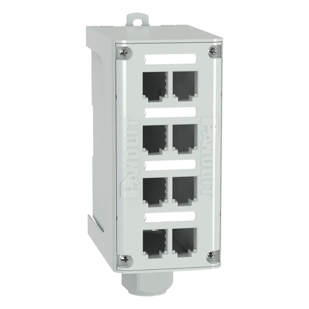Panel de Parcheo Modular para Fibra Óptica, de Instalación en Riel DIN Estándar de 35mm, 8 Puertos Mini-Com, Color Gris