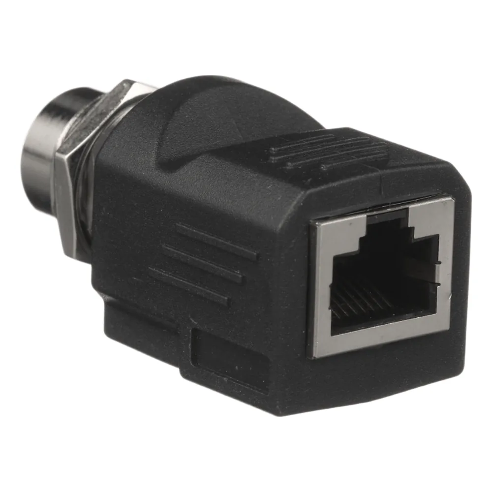 Adaptador IndustrialNet™ de M12 D-Code a Rj45, para Uso en Redes Industriales, Protección IP20 en RJ45 e IP68 en M12, Color Negro