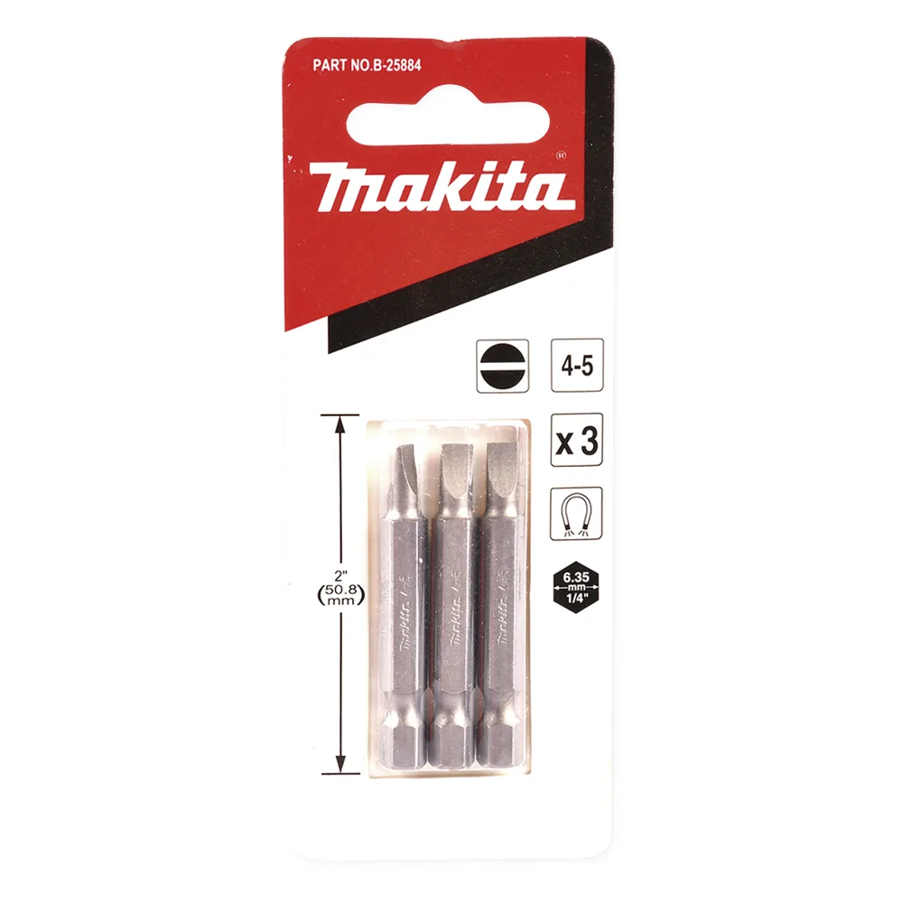 Punta plana para atornillar de 4-5 x 50 mm forma “E”, zanco tipo hexagonal de 1/4" con punta magnética, blíster con 3 piezas.