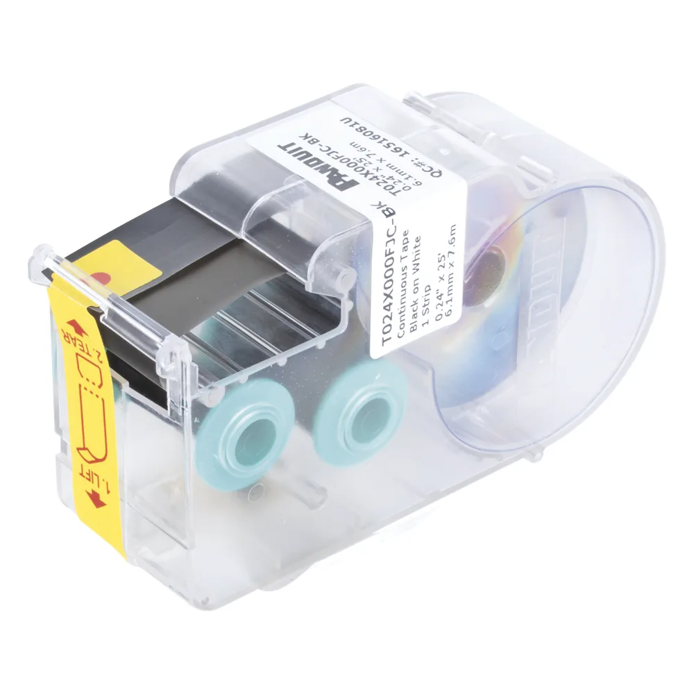 Casete de Etiquetas de Poliolefina de Cinta Continua, Color Blanco sobre Negro, Uso Interior/Exterior, 6.1 mm de Ancho x 7.6 metros (24.93 pies) de Largo