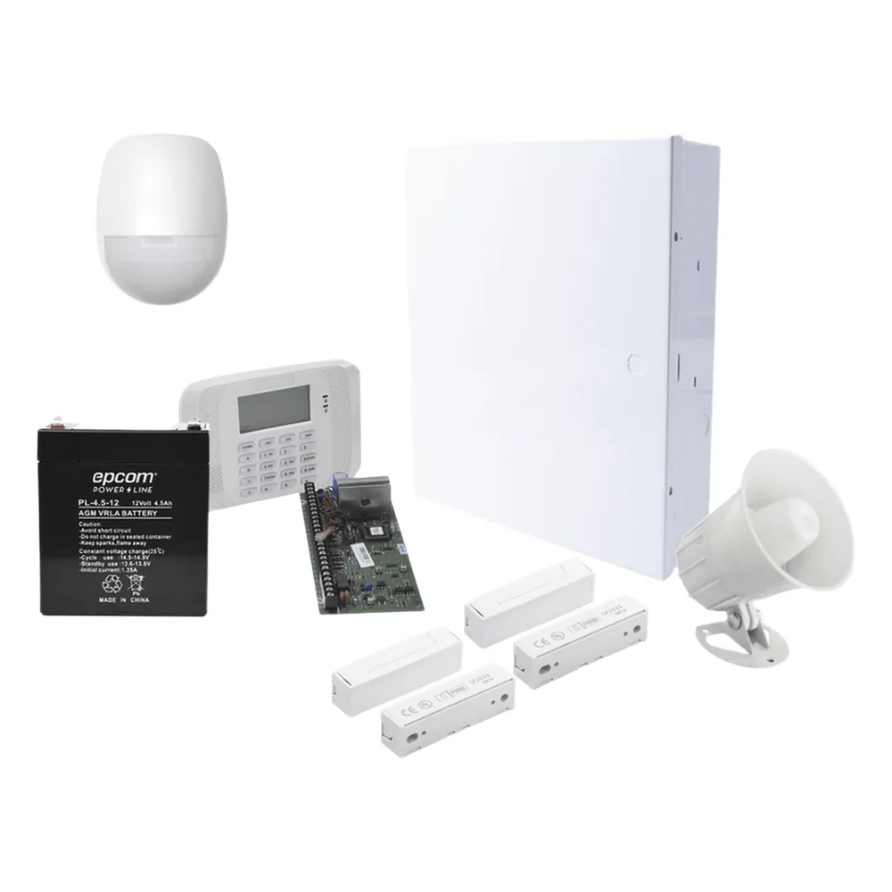Kit de alarma de intrusión cableado con sensor de movimiento, contactos magnéticos, sirena y comunicación AlarmNet IP/celular