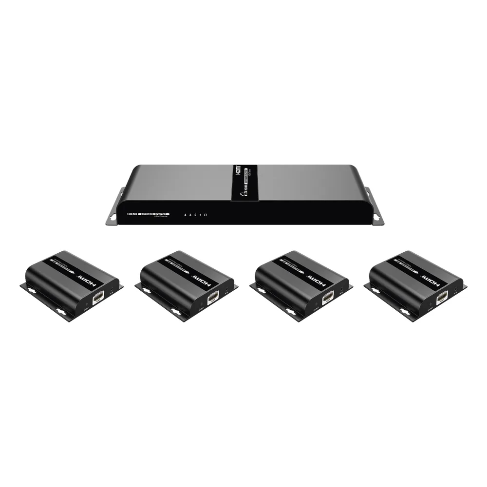 Kit Divisor y Extensor HDMI (Extender Splitter) | Divide 1 Fuente HDMI a 4 Pantallas | Extiende la señal HDMI hasta 120 m | Resolución 1080P @ 60 Hz | Cat 6/6a | Soporta IR | Baja Latencia | Uso24/7 | Alimente solo el Tx (PoC).