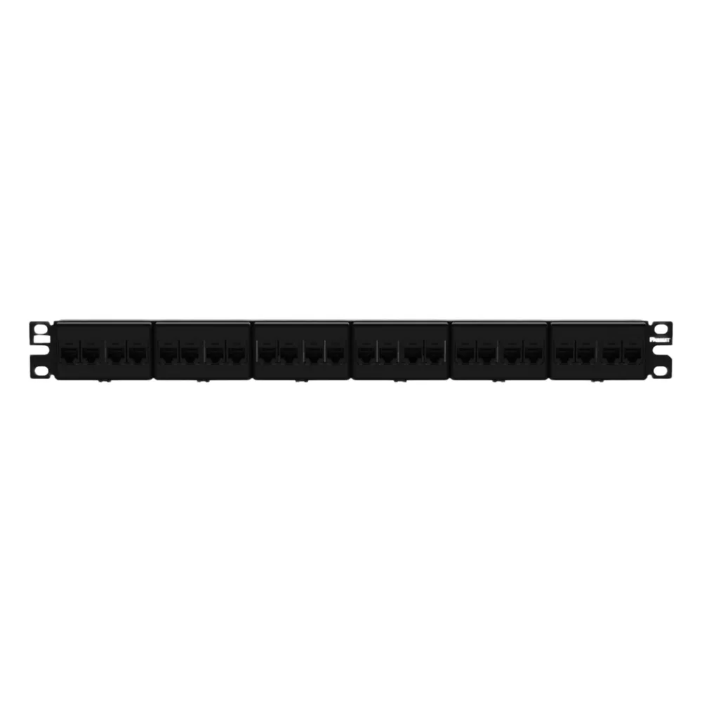 Panel de Parcheo con 24 Acopladores Mini-Com, Plano, Categoría 6A, de 1 UR, Color Negro
