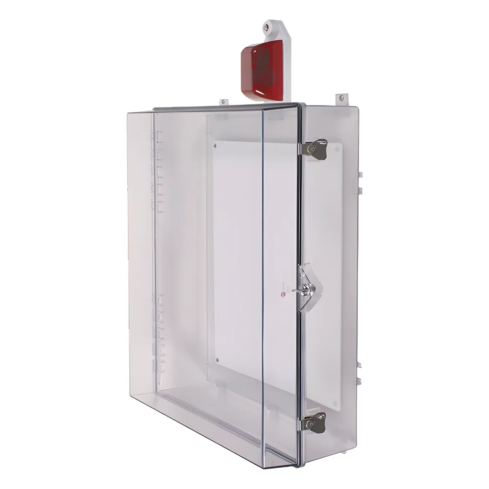 Gabinete Grande de Policarbonato Transparente Súper Resistente con Sirena/Estrobo y Cerradura con Llave